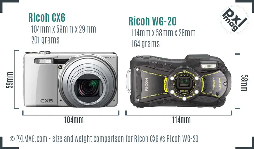 Ricoh CX6 vs Ricoh WG-20 size comparison