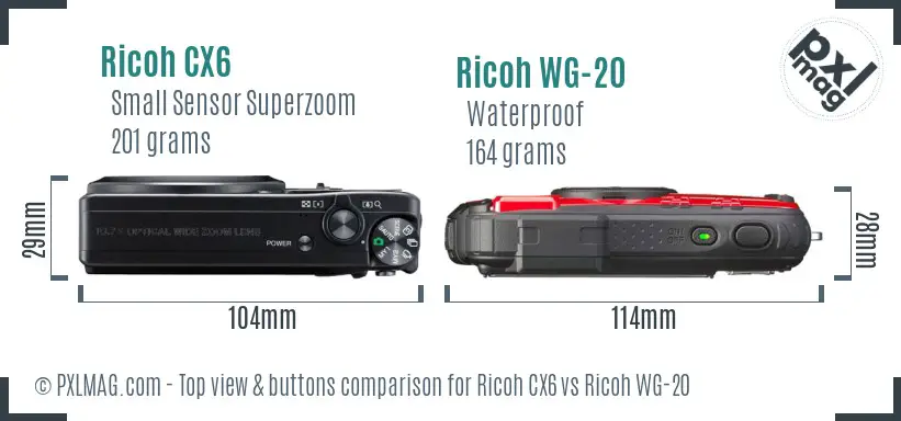 Ricoh CX6 vs Ricoh WG-20 top view buttons comparison