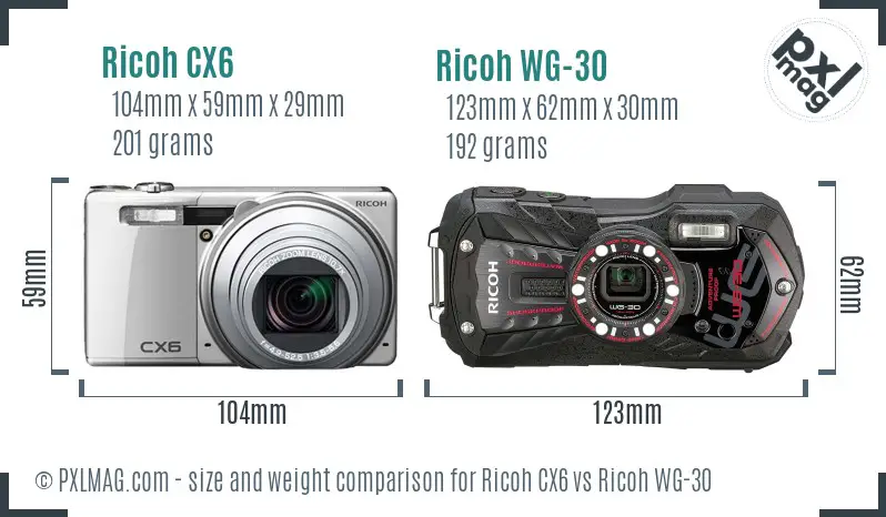 Ricoh CX6 vs Ricoh WG-30 size comparison