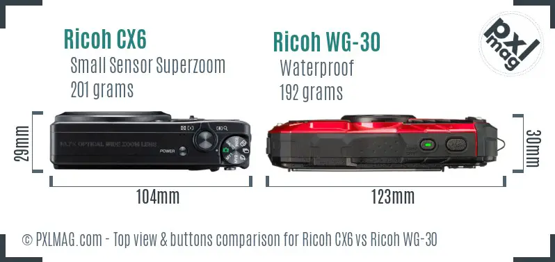 Ricoh CX6 vs Ricoh WG-30 top view buttons comparison