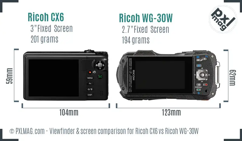Ricoh CX6 vs Ricoh WG-30W Screen and Viewfinder comparison