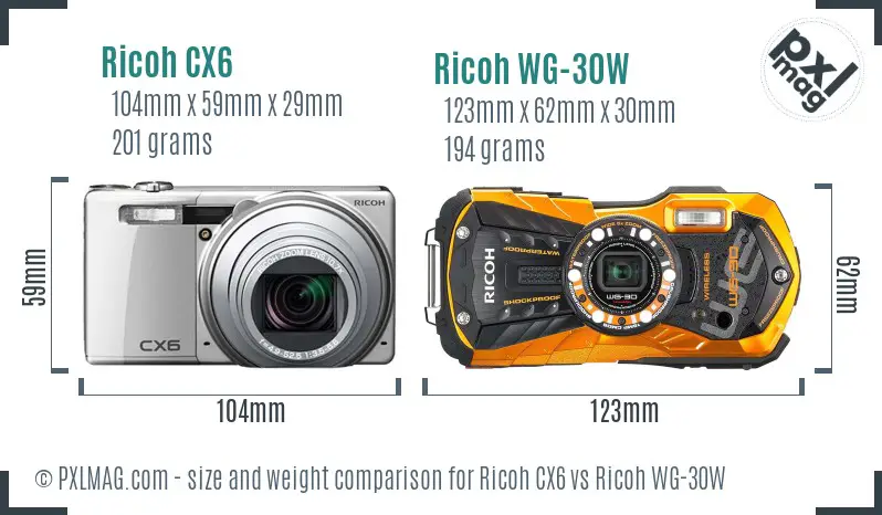 Ricoh CX6 vs Ricoh WG-30W size comparison