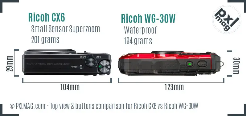 Ricoh CX6 vs Ricoh WG-30W top view buttons comparison