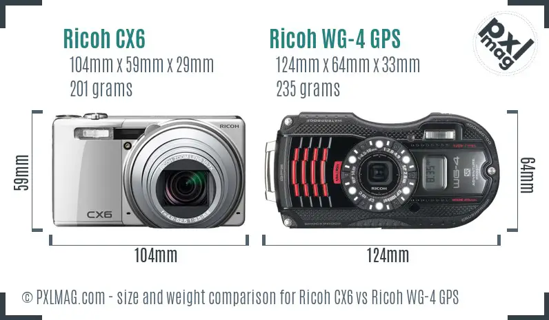 Ricoh CX6 vs Ricoh WG-4 GPS size comparison