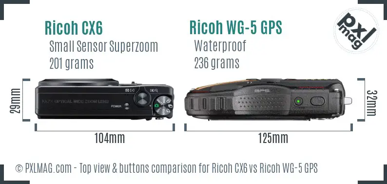 Ricoh CX6 vs Ricoh WG-5 GPS top view buttons comparison