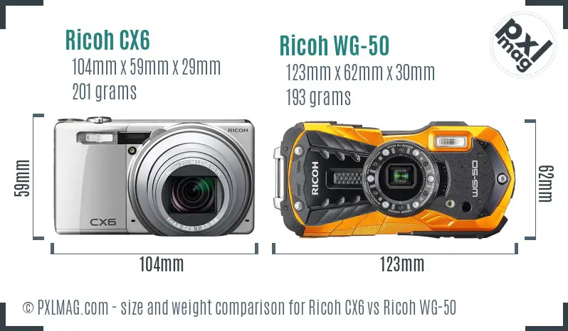 Ricoh CX6 vs Ricoh WG-50 size comparison