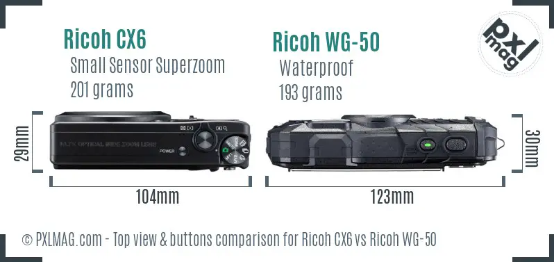 Ricoh CX6 vs Ricoh WG-50 top view buttons comparison