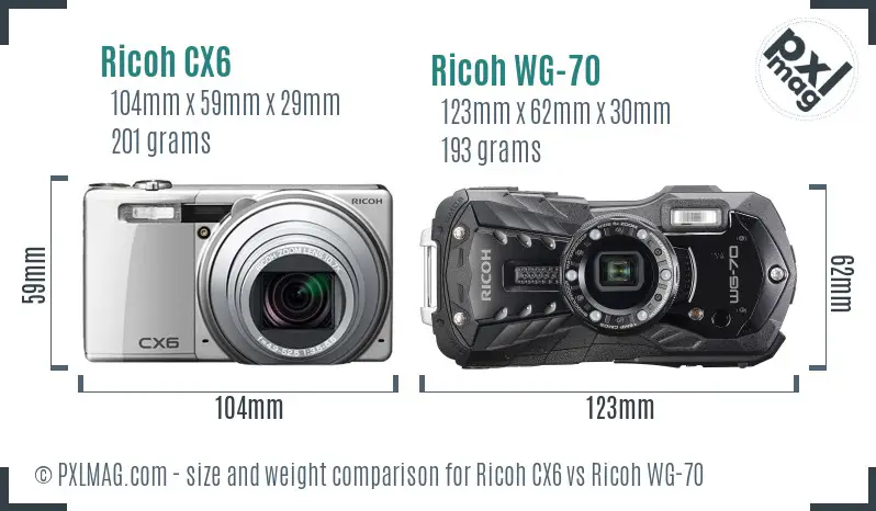 Ricoh CX6 vs Ricoh WG-70 size comparison