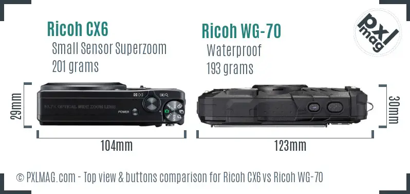 Ricoh CX6 vs Ricoh WG-70 top view buttons comparison