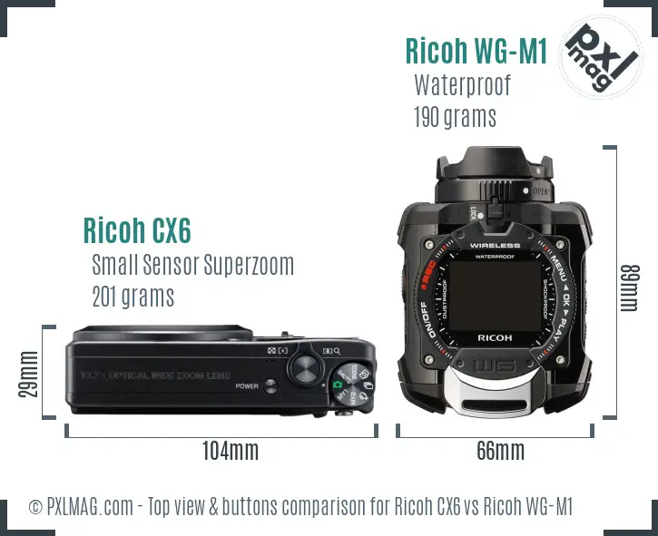 Ricoh CX6 vs Ricoh WG-M1 top view buttons comparison