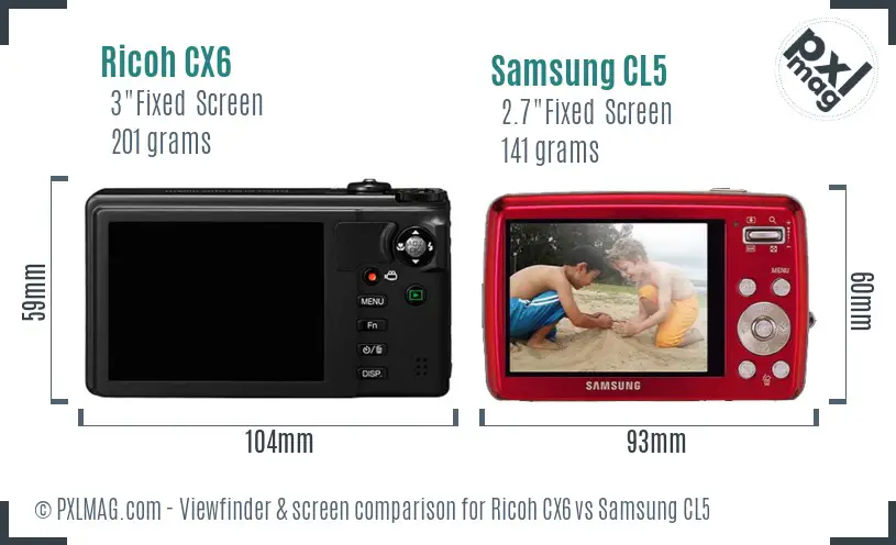 Ricoh CX6 vs Samsung CL5 Screen and Viewfinder comparison
