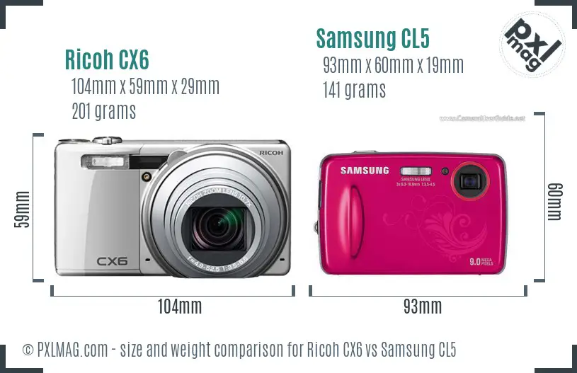 Ricoh CX6 vs Samsung CL5 size comparison