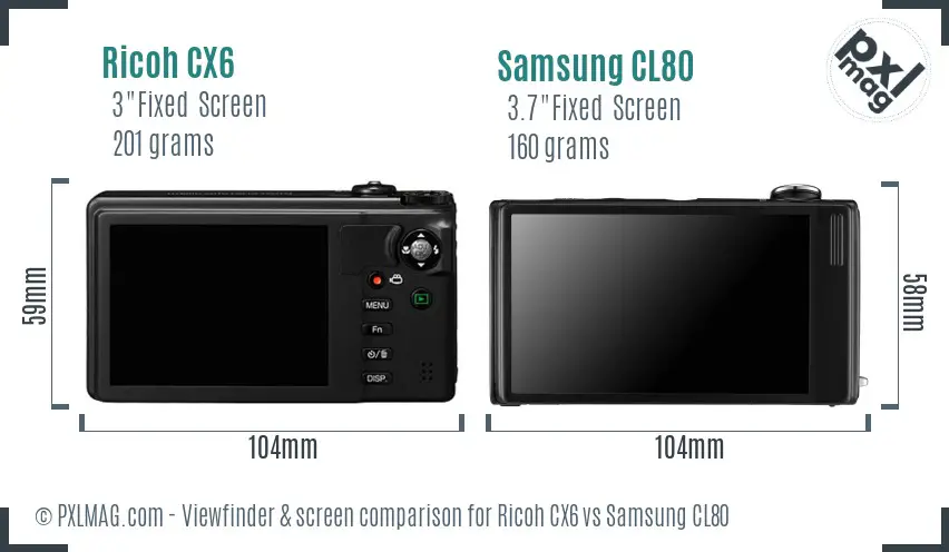 Ricoh CX6 vs Samsung CL80 Screen and Viewfinder comparison