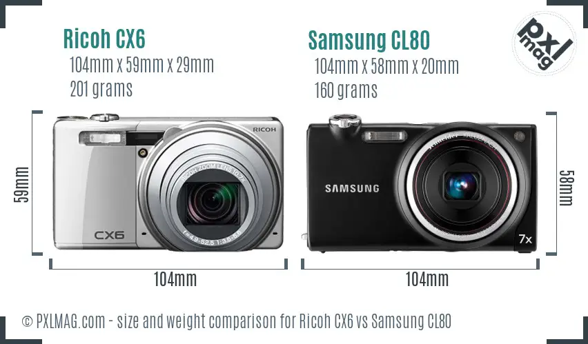Ricoh CX6 vs Samsung CL80 size comparison