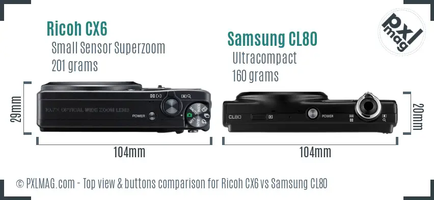 Ricoh CX6 vs Samsung CL80 top view buttons comparison