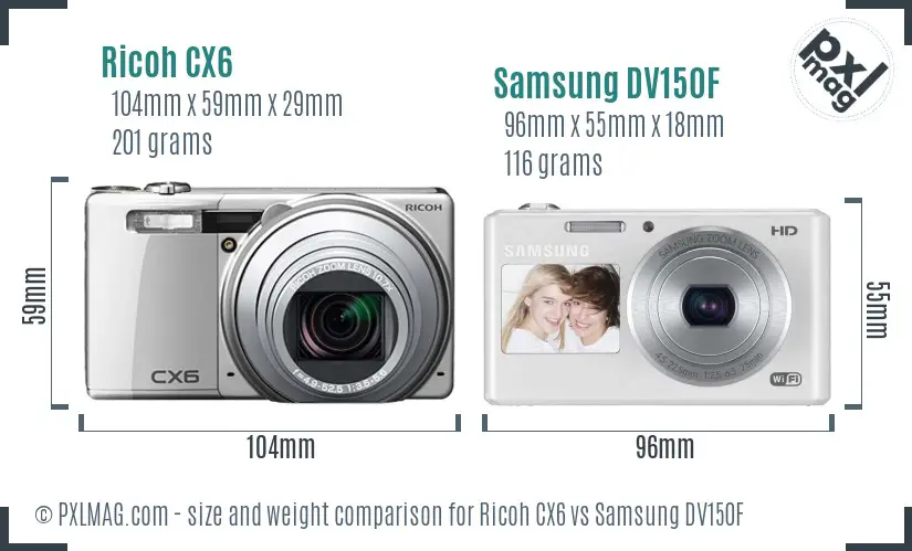 Ricoh CX6 vs Samsung DV150F size comparison