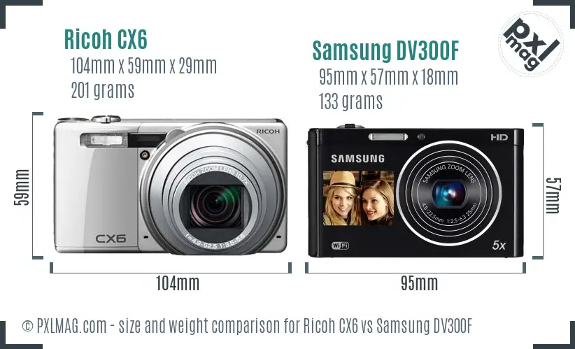 Ricoh CX6 vs Samsung DV300F size comparison