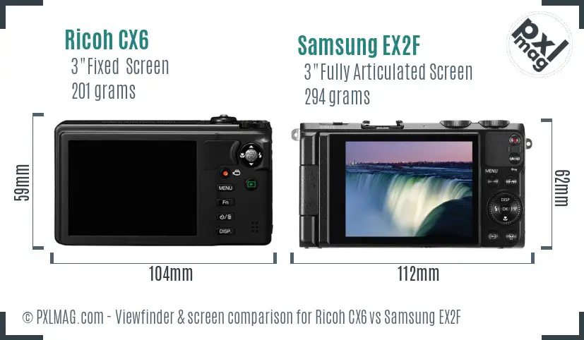Ricoh CX6 vs Samsung EX2F Screen and Viewfinder comparison