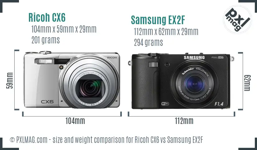 Ricoh CX6 vs Samsung EX2F size comparison