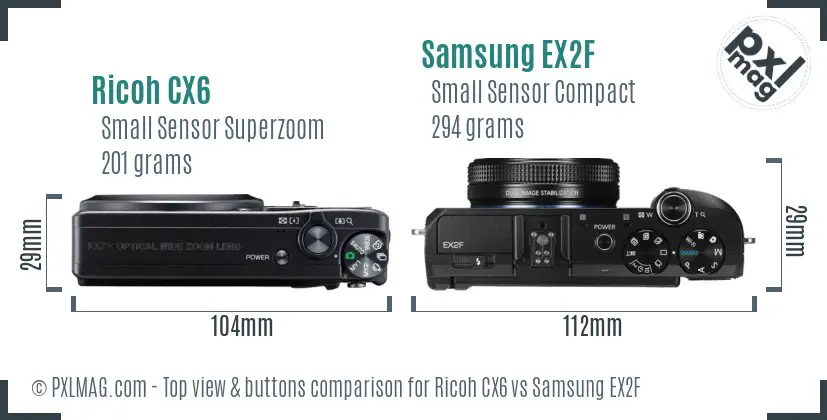 Ricoh CX6 vs Samsung EX2F top view buttons comparison
