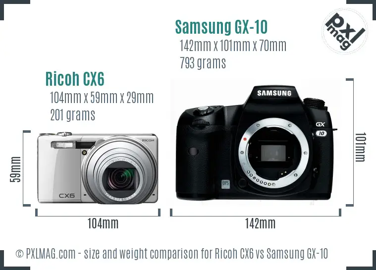 Ricoh CX6 vs Samsung GX-10 size comparison
