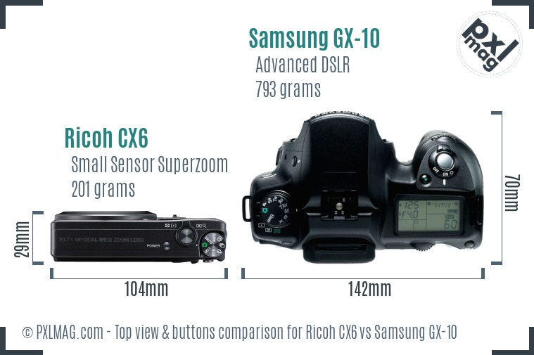 Ricoh CX6 vs Samsung GX-10 top view buttons comparison