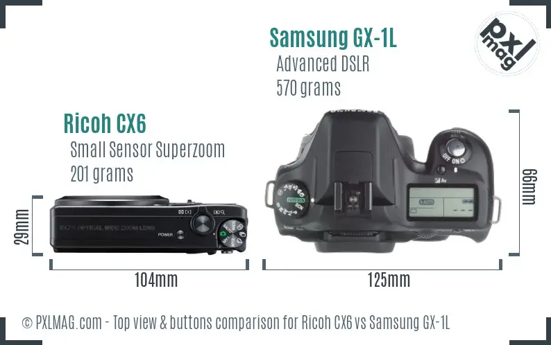 Ricoh CX6 vs Samsung GX-1L top view buttons comparison