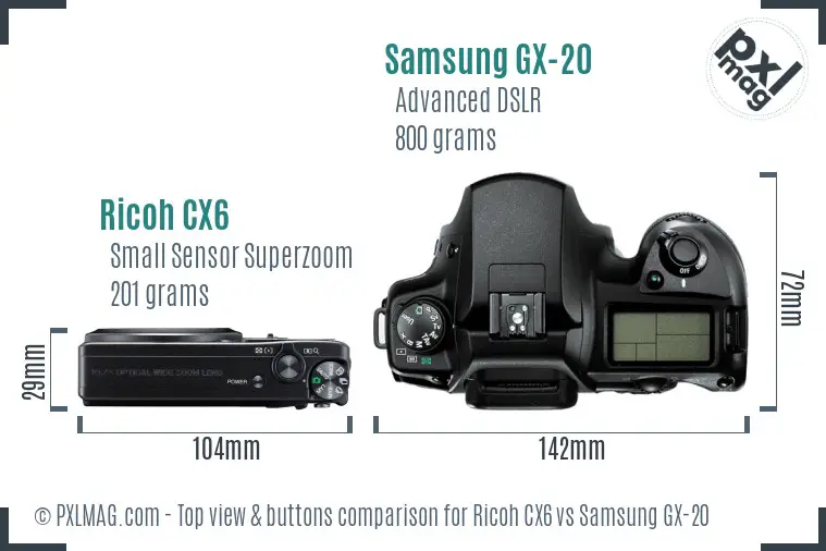 Ricoh CX6 vs Samsung GX-20 top view buttons comparison
