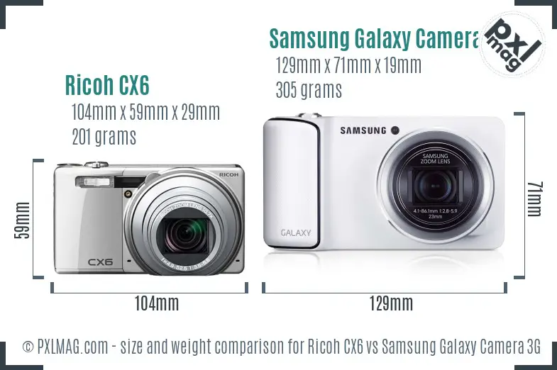 Ricoh CX6 vs Samsung Galaxy Camera 3G size comparison