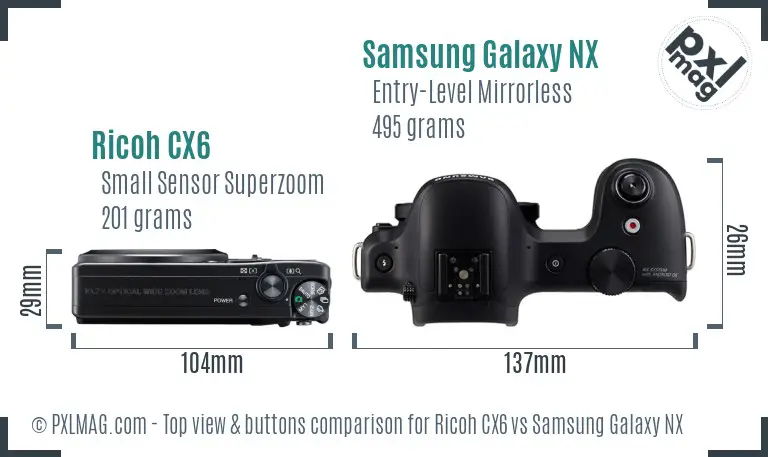 Ricoh CX6 vs Samsung Galaxy NX top view buttons comparison