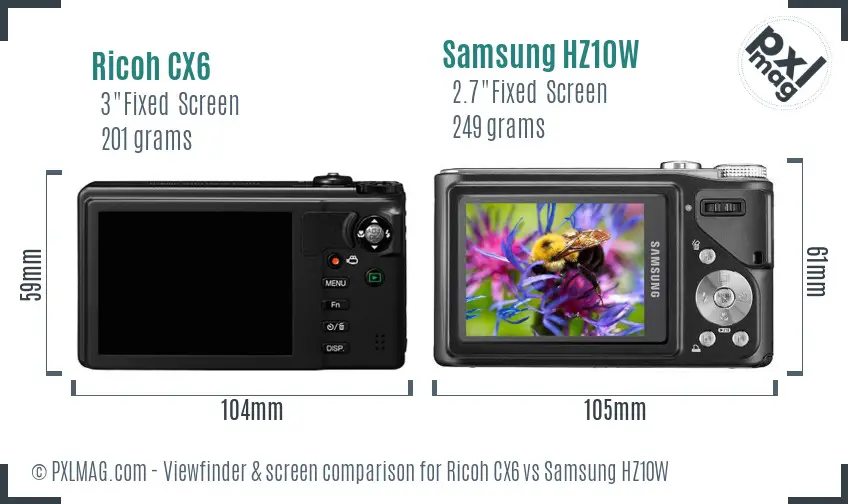 Ricoh CX6 vs Samsung HZ10W Screen and Viewfinder comparison