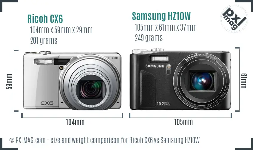 Ricoh CX6 vs Samsung HZ10W size comparison