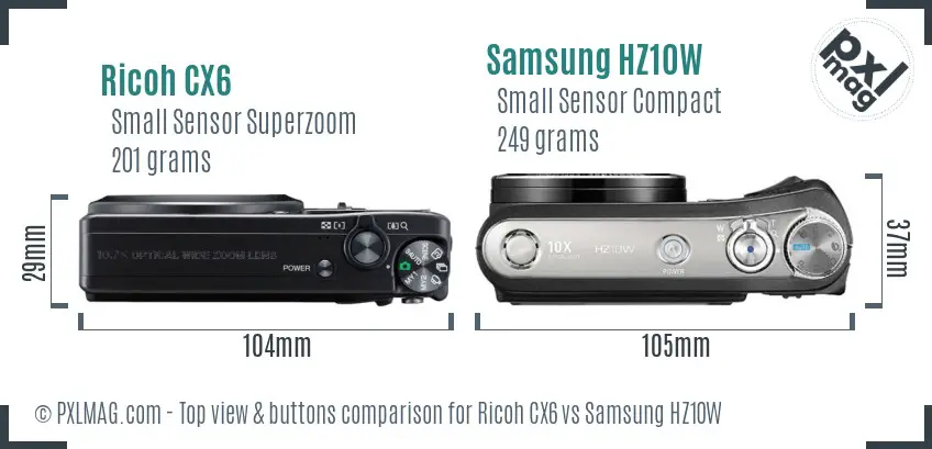 Ricoh CX6 vs Samsung HZ10W top view buttons comparison