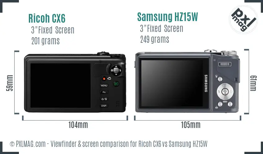 Ricoh CX6 vs Samsung HZ15W Screen and Viewfinder comparison