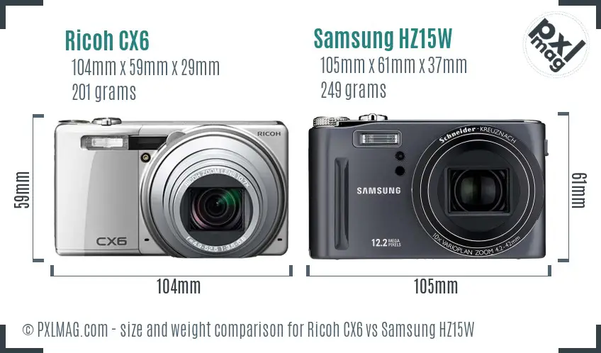 Ricoh CX6 vs Samsung HZ15W size comparison