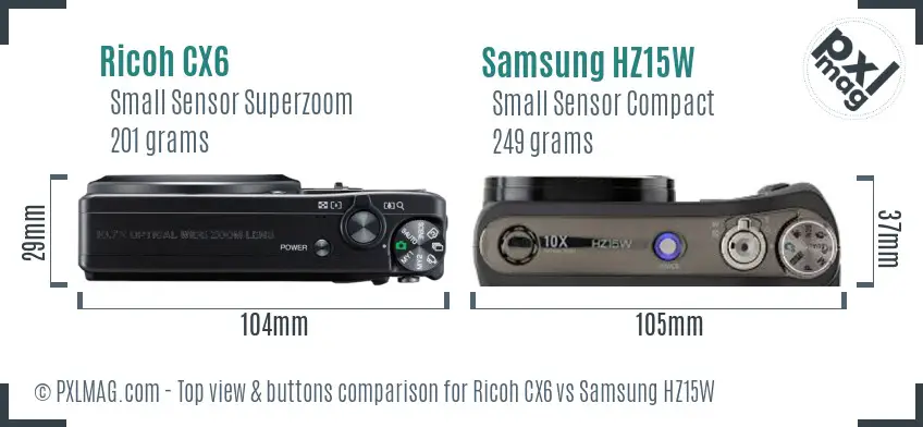Ricoh CX6 vs Samsung HZ15W top view buttons comparison