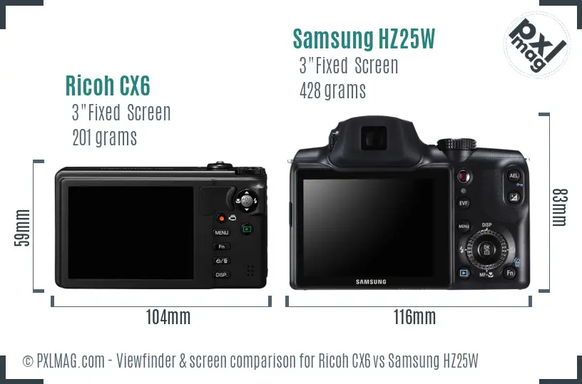 Ricoh CX6 vs Samsung HZ25W Screen and Viewfinder comparison