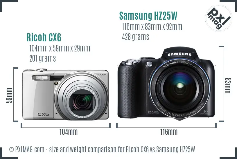Ricoh CX6 vs Samsung HZ25W size comparison