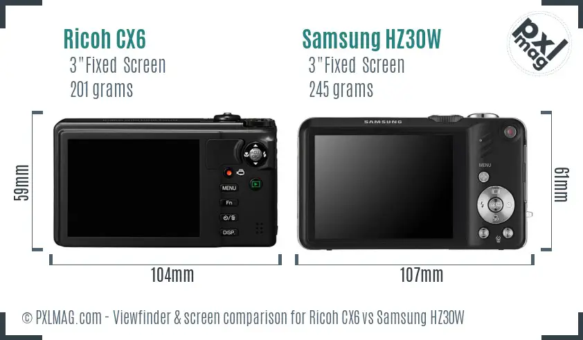 Ricoh CX6 vs Samsung HZ30W Screen and Viewfinder comparison