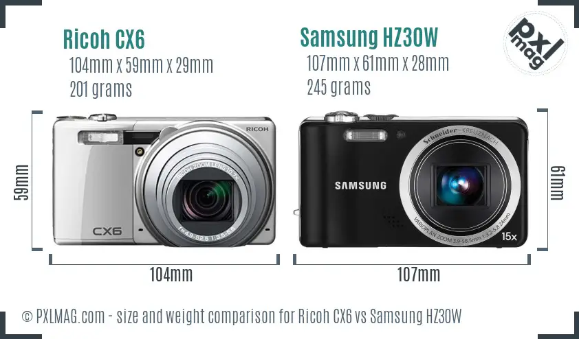 Ricoh CX6 vs Samsung HZ30W size comparison