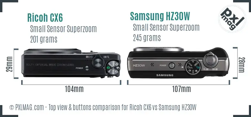Ricoh CX6 vs Samsung HZ30W top view buttons comparison