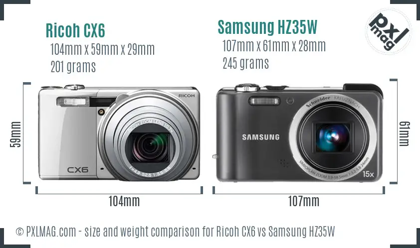 Ricoh CX6 vs Samsung HZ35W size comparison
