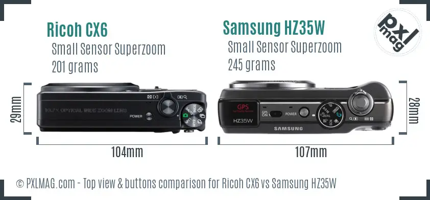 Ricoh CX6 vs Samsung HZ35W top view buttons comparison