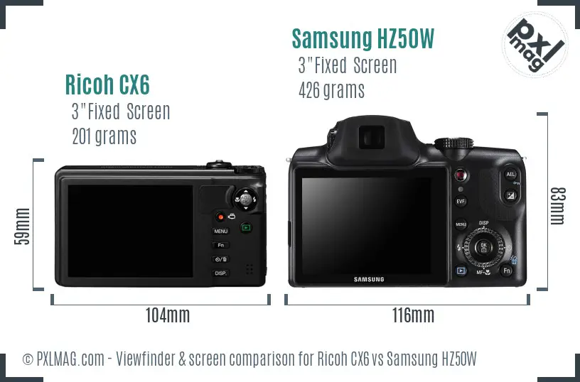 Ricoh CX6 vs Samsung HZ50W Screen and Viewfinder comparison