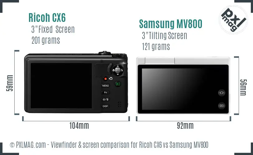 Ricoh CX6 vs Samsung MV800 Screen and Viewfinder comparison