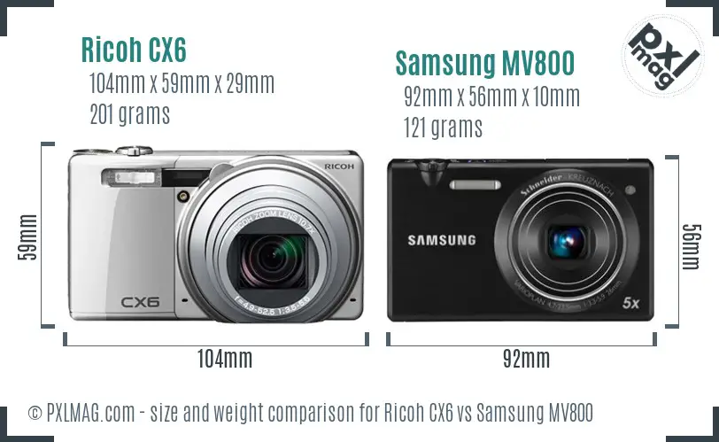 Ricoh CX6 vs Samsung MV800 size comparison
