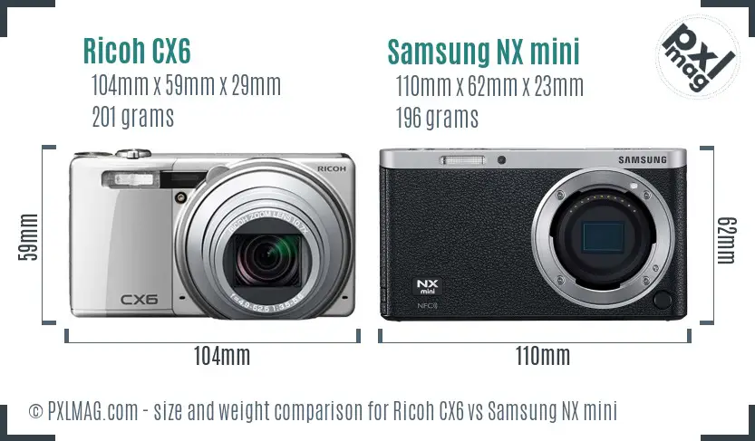 Ricoh CX6 vs Samsung NX mini size comparison