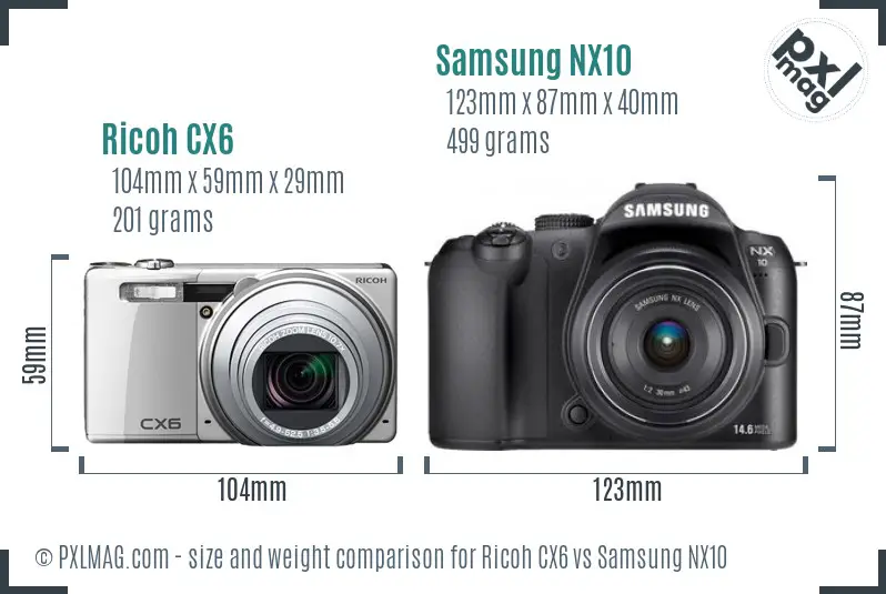 Ricoh CX6 vs Samsung NX10 size comparison