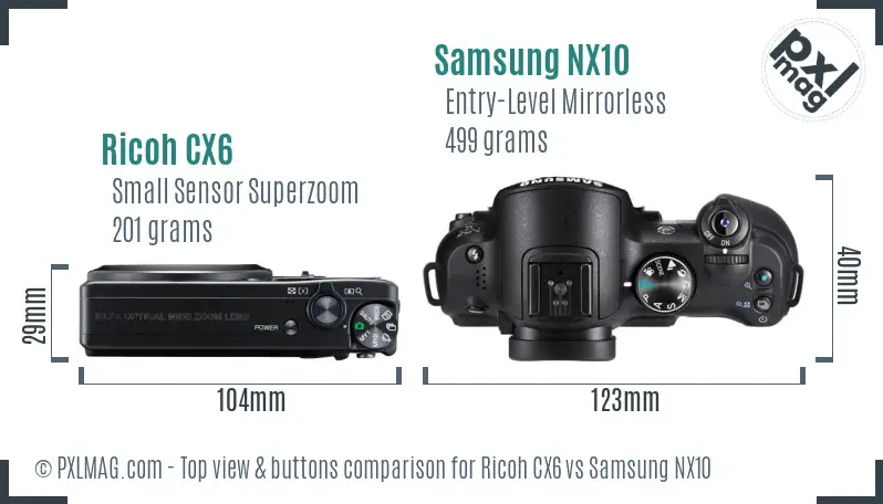 Ricoh CX6 vs Samsung NX10 top view buttons comparison