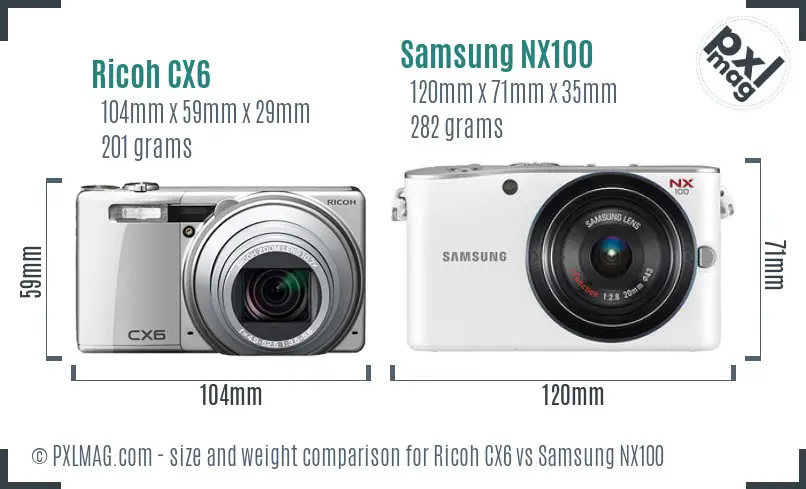 Ricoh CX6 vs Samsung NX100 size comparison